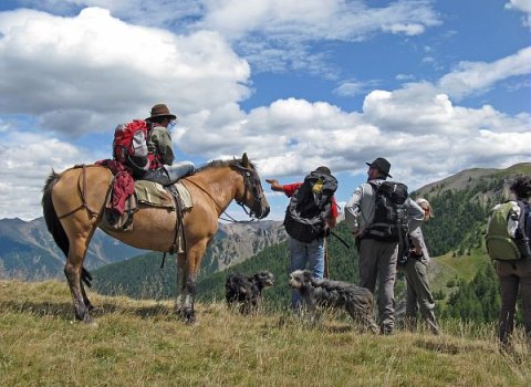 Réunion de concertation sur l'alpage de Galestrières, en vue de l'élaboration d'une MAE, (Mesure agri-environnementale). Bergère à cheval.