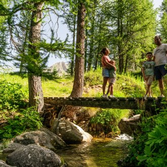 randonneurs traversant une rivière sur un pont - Commune d'Isalo