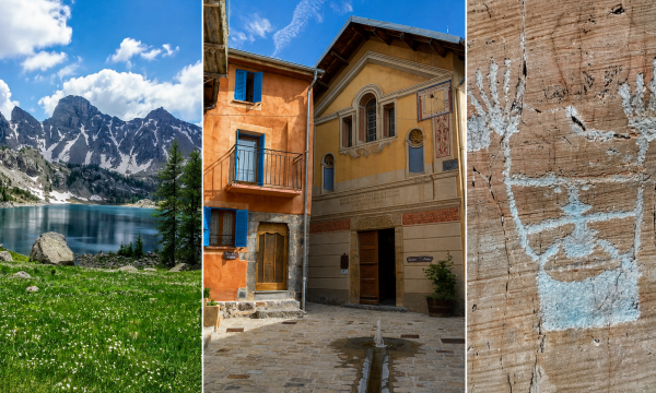 Triptyque de photos: lac d'Allos, village du Mercantour et inscription rupestre